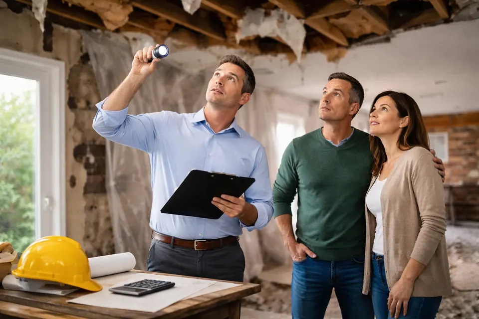 Adjuster with a flashlight showing a damaged ceiling to a homeowner couple