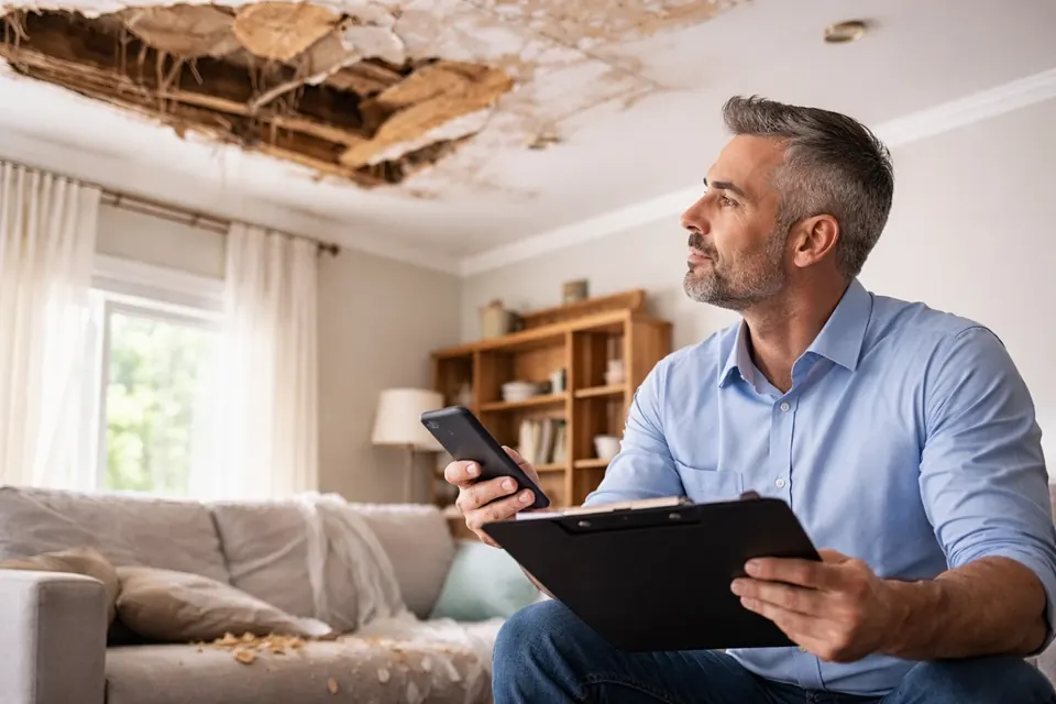Public adjuster inspecting a storm-damaged roof partly covered with a tarp