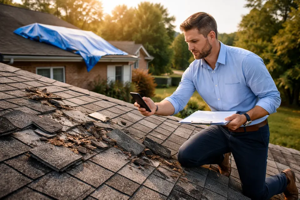 Adjuster holding a clipboard beneath a collapsed, water-damaged ceiling inside a home