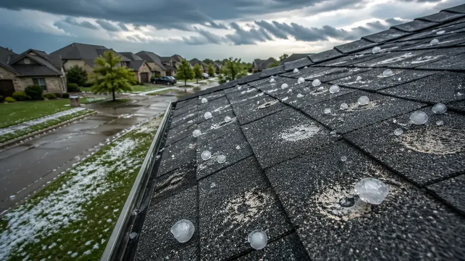 Hailstones scattered across a wet shingle roof with hail-covered lawns in a suburban neighborhood