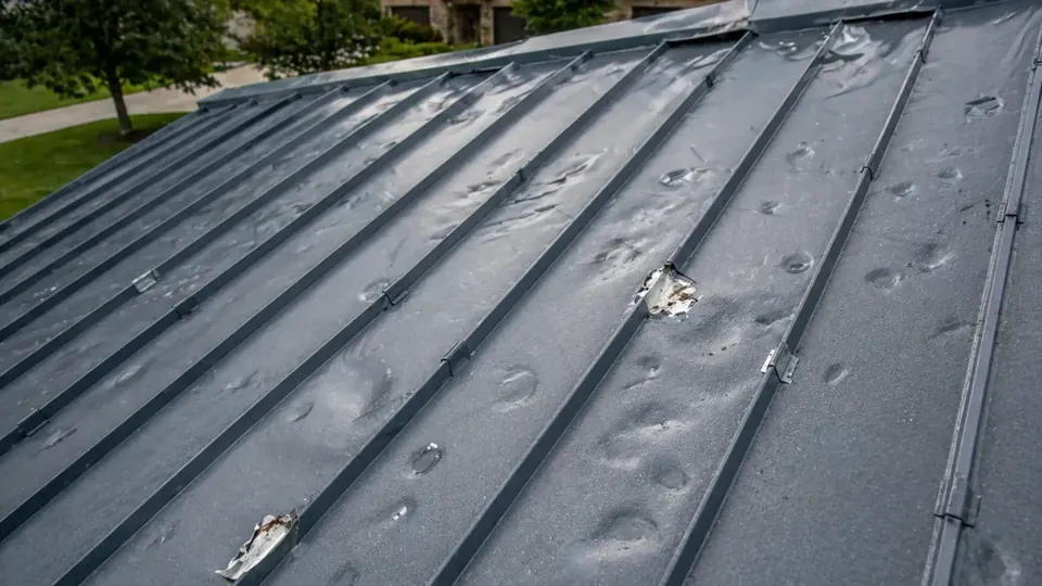 Commercial building with a low-slope roof being assessed after storm damage