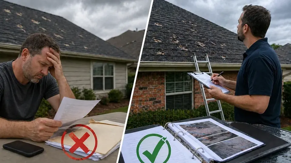 Homeowner reading an insurance claim denial letter at a desk