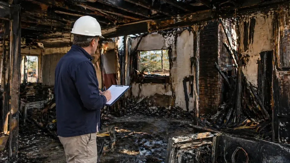 Fire-damaged room with charred framing being inspected for an insurance claim