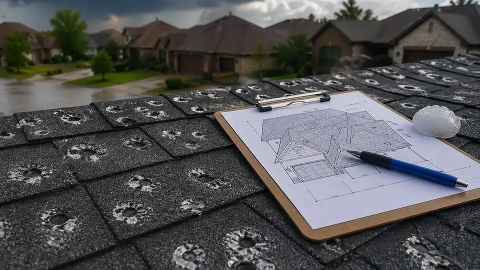 Hail-damaged roof shingles on a Central Texas home after a spring storm