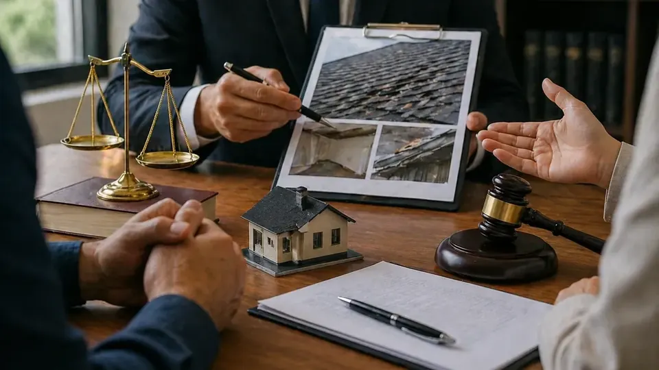 Professionals reviewing roof damage photos and estimates at a table during an appraisal
