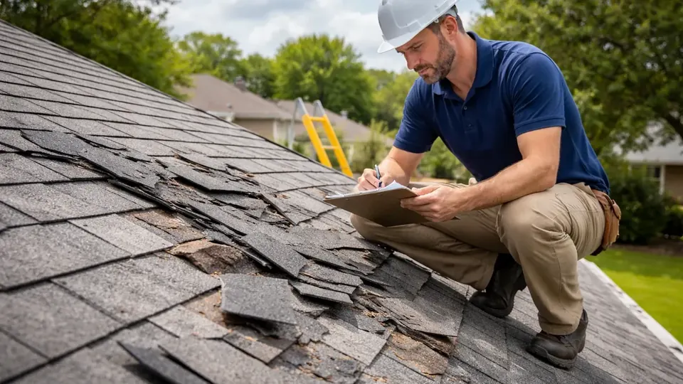 Damaged residential roof being inspected for an insurance claim in Central Texas