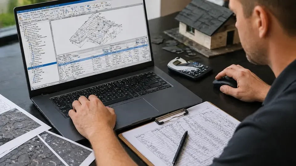 Insurance estimate and calculator beside photos of a damaged roof