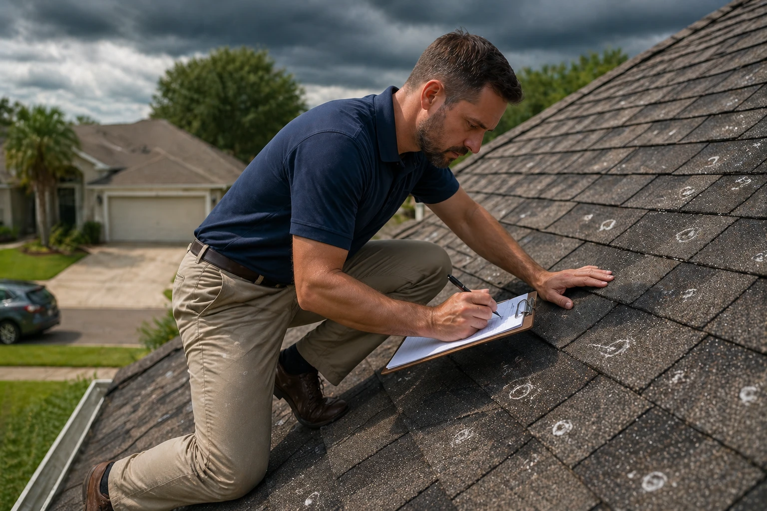 Adjuster on a shingle roof marking hail hits with chalk while taking notes