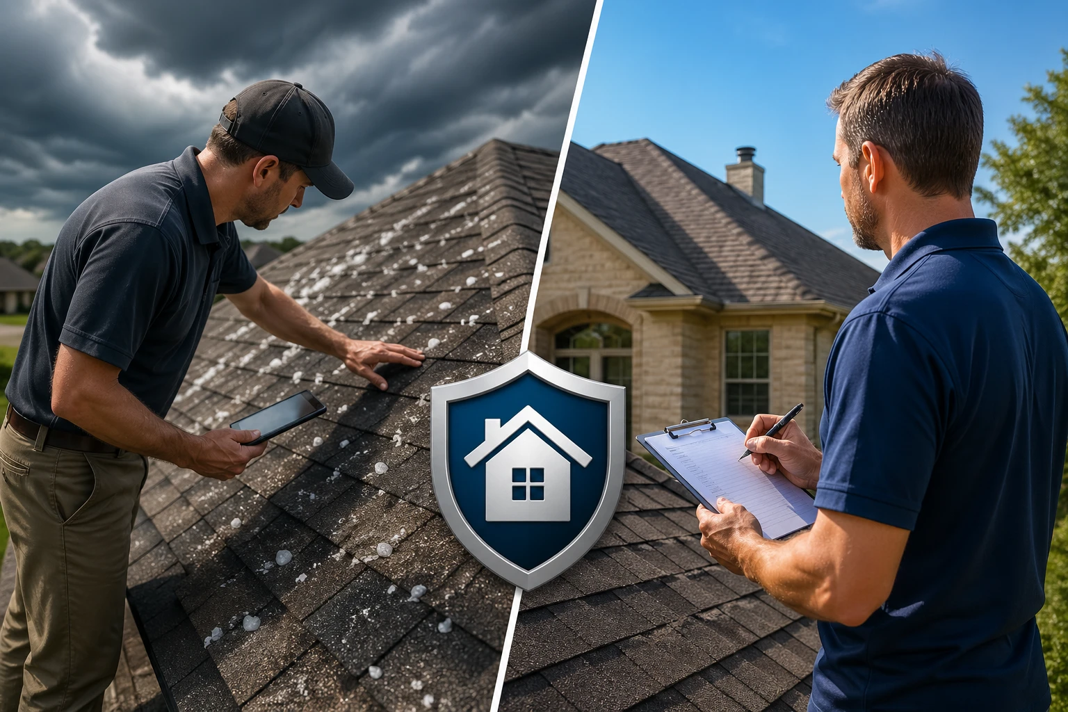 Adjuster inspecting a hail-damaged roof while the homeowner looks on