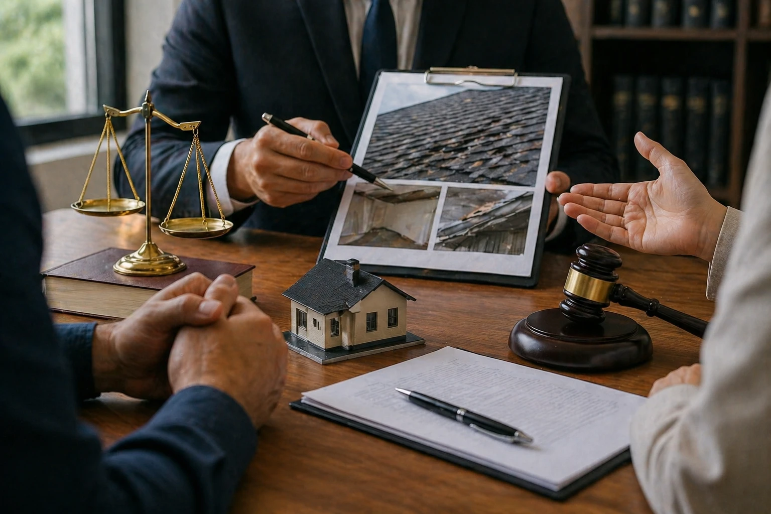 Professionals reviewing roof damage photos at a table during a claim dispute