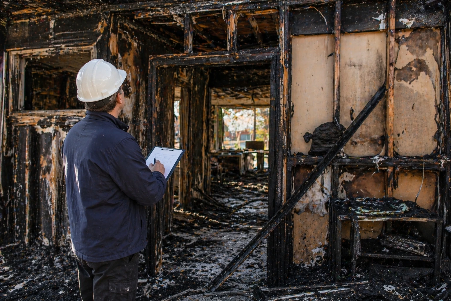 Adjuster with tablet inspecting burned interior framing after a house fire