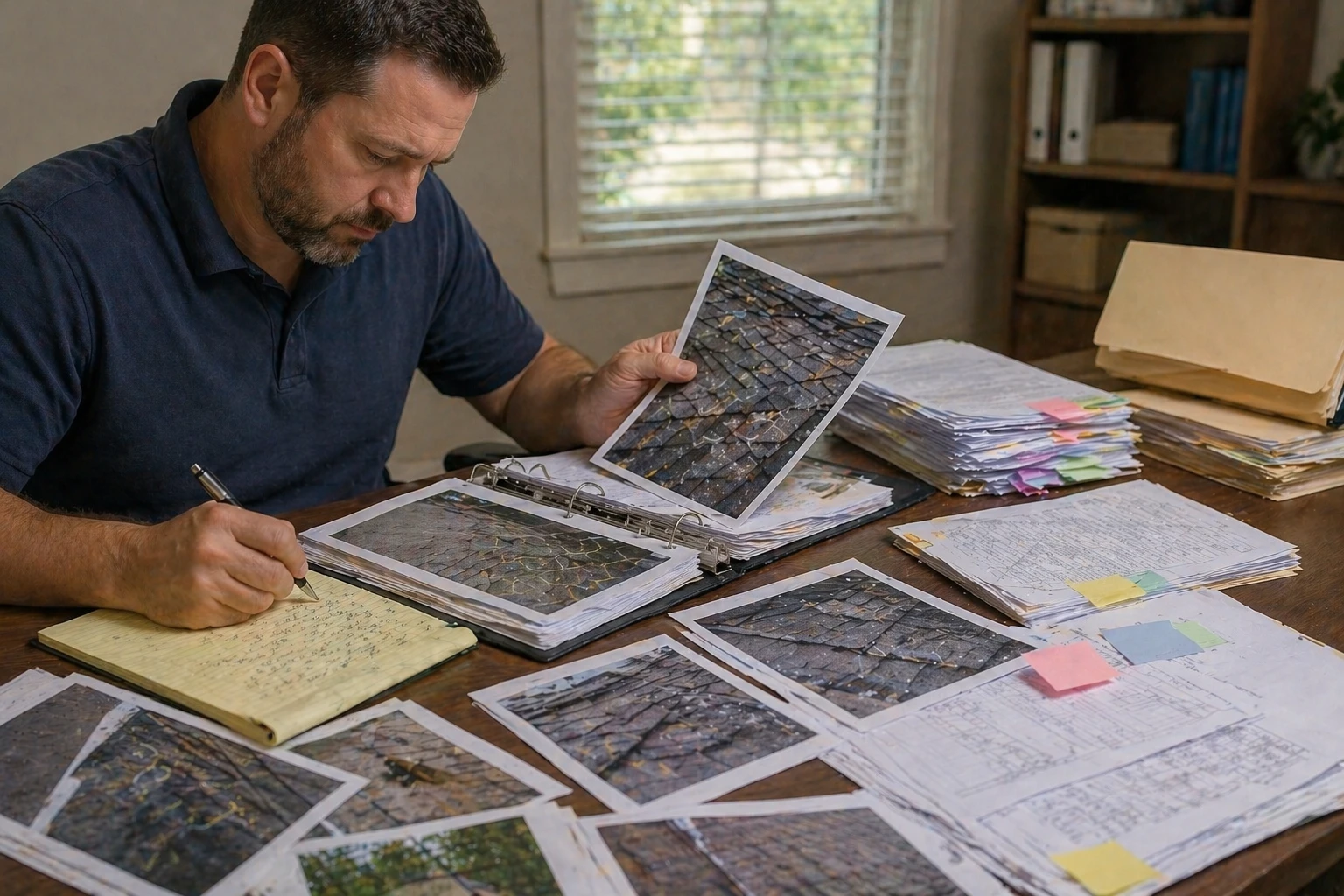Adjuster organizing printed claim photos and notes on a desk