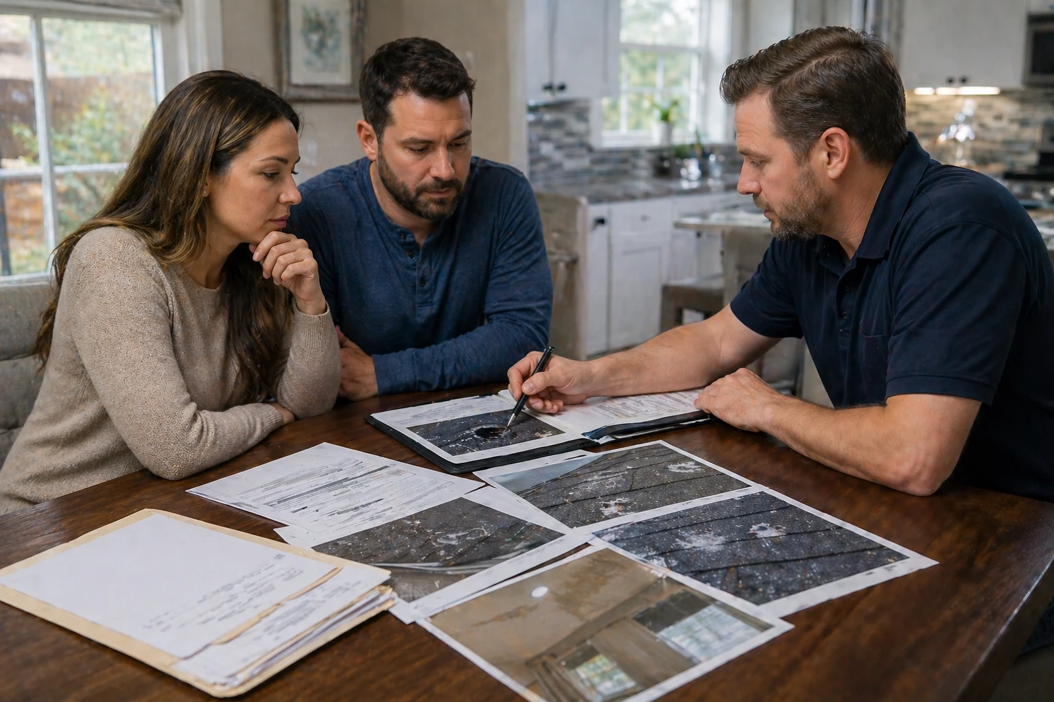 Couple reviewing claim paperwork and roof photos with an adjuster at a kitchen table