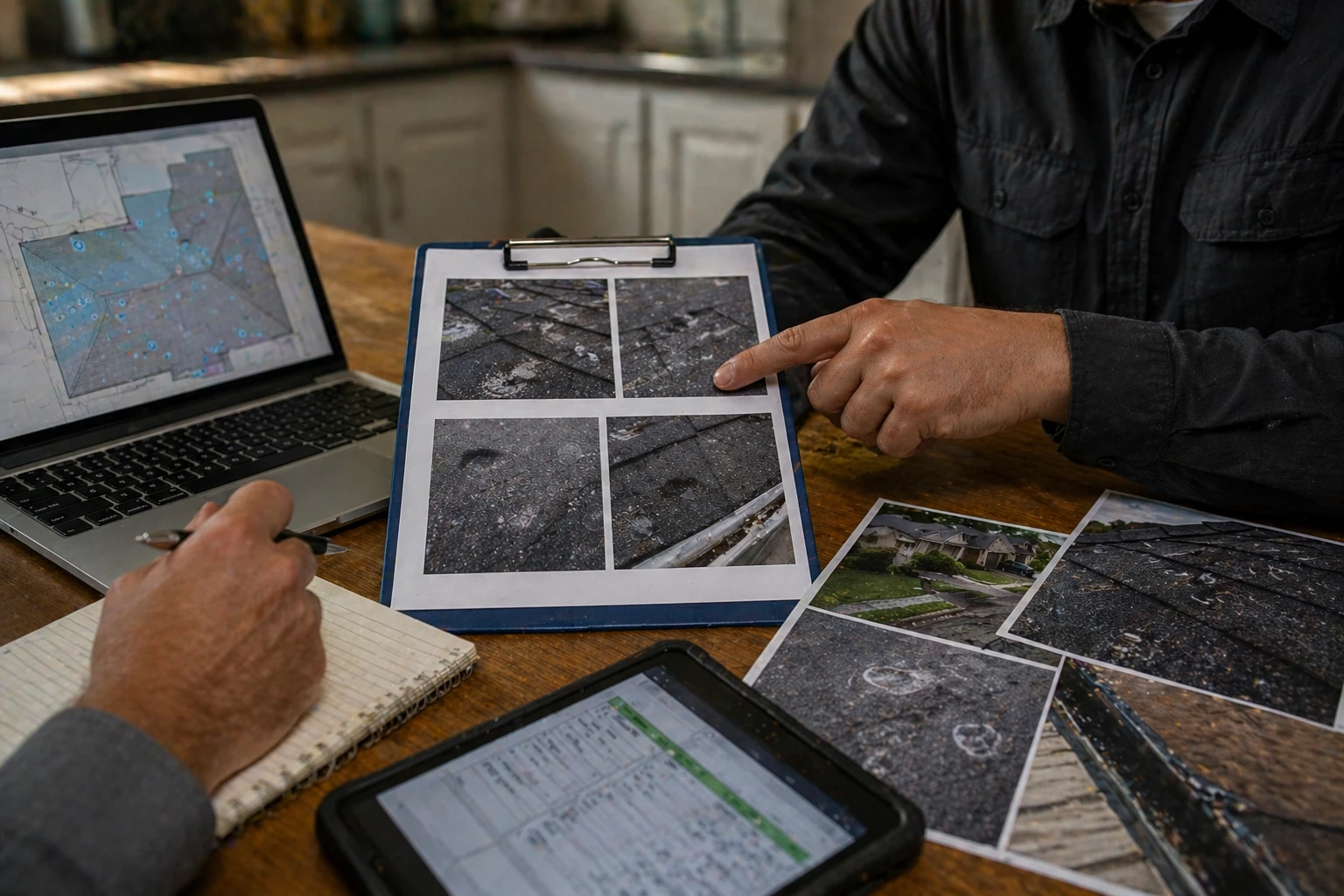 Hands reviewing claim photos on a tablet and laptop