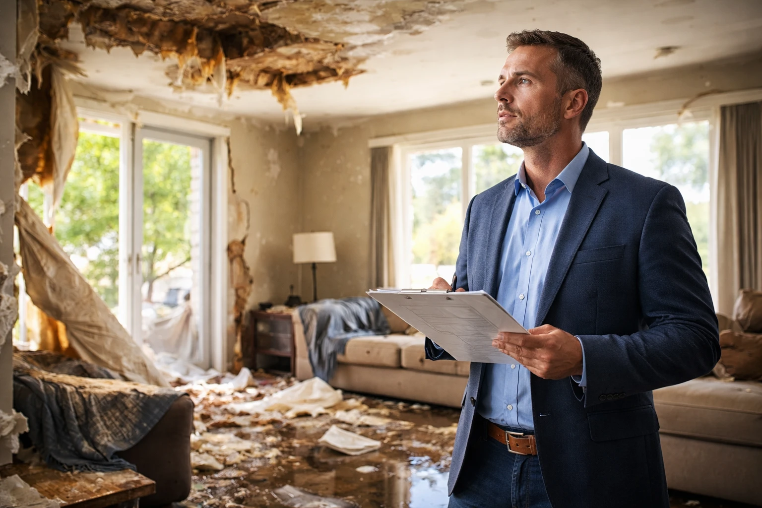 Adjuster with clipboard in a living room with a collapsed, water-damaged ceiling