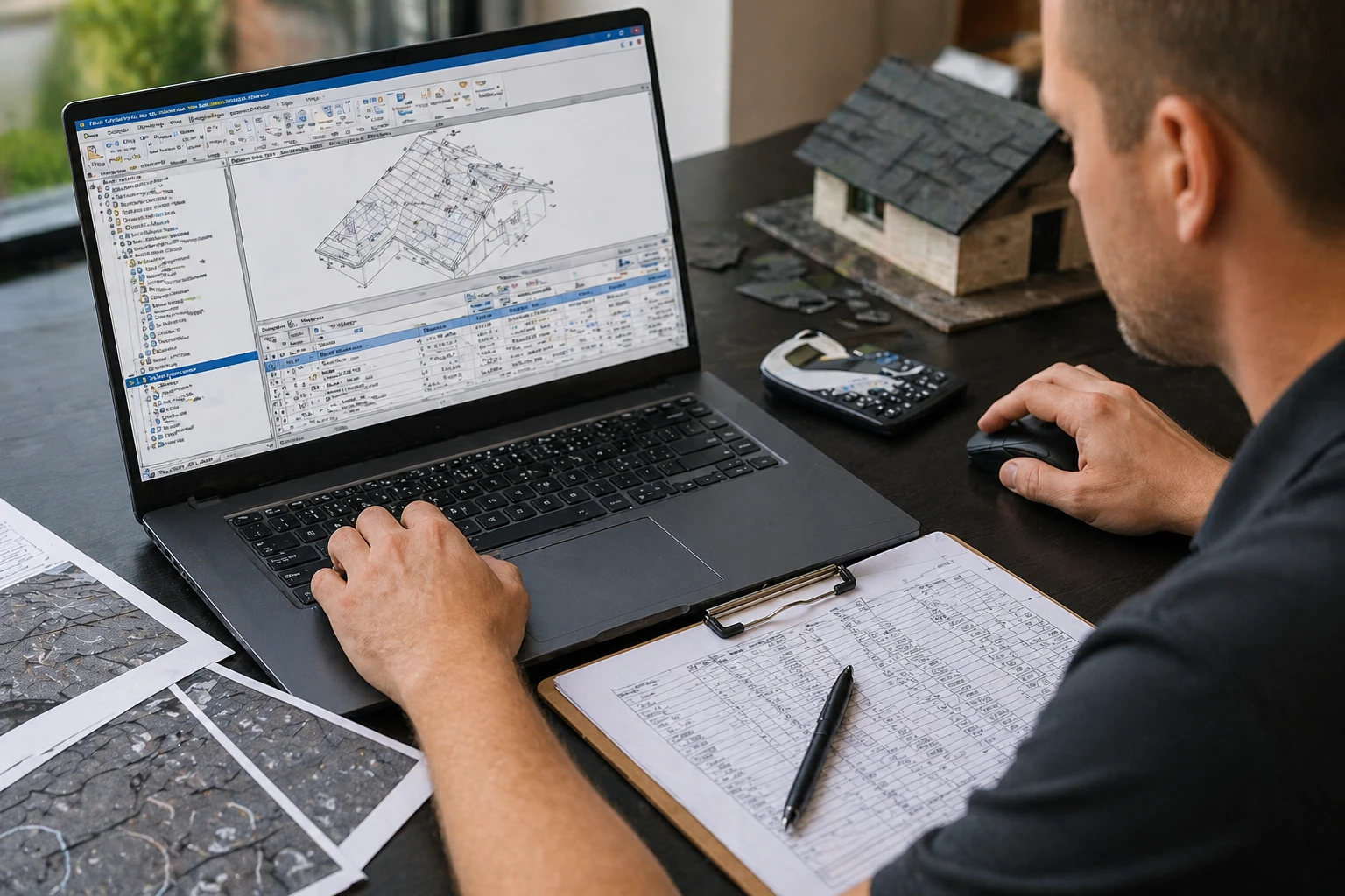 Adjuster using estimating software with a roof diagram on a laptop