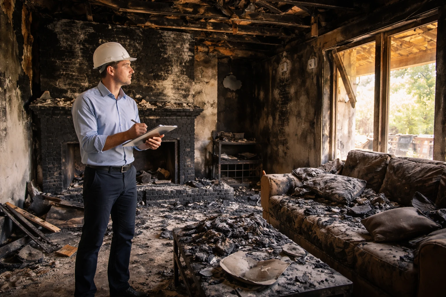 Adjuster with clipboard in a smoke- and fire-damaged living room