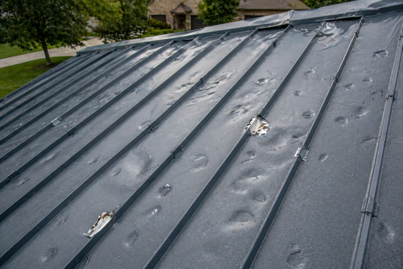 Standing-seam metal roof with hail dents across the panels