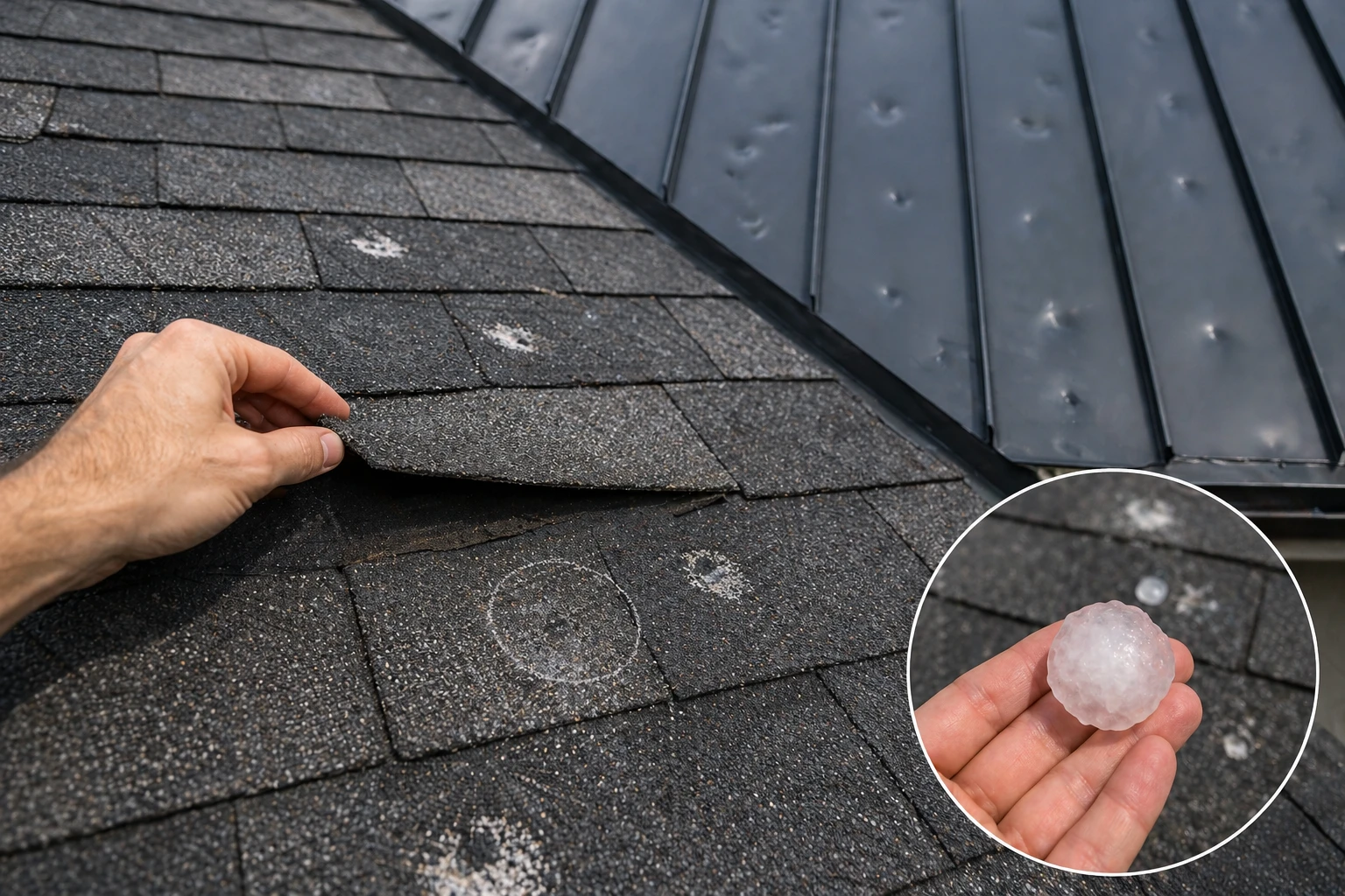 Close-up of a hand pointing to hail impact marks on an asphalt shingle, with a hailstone shown in an inset