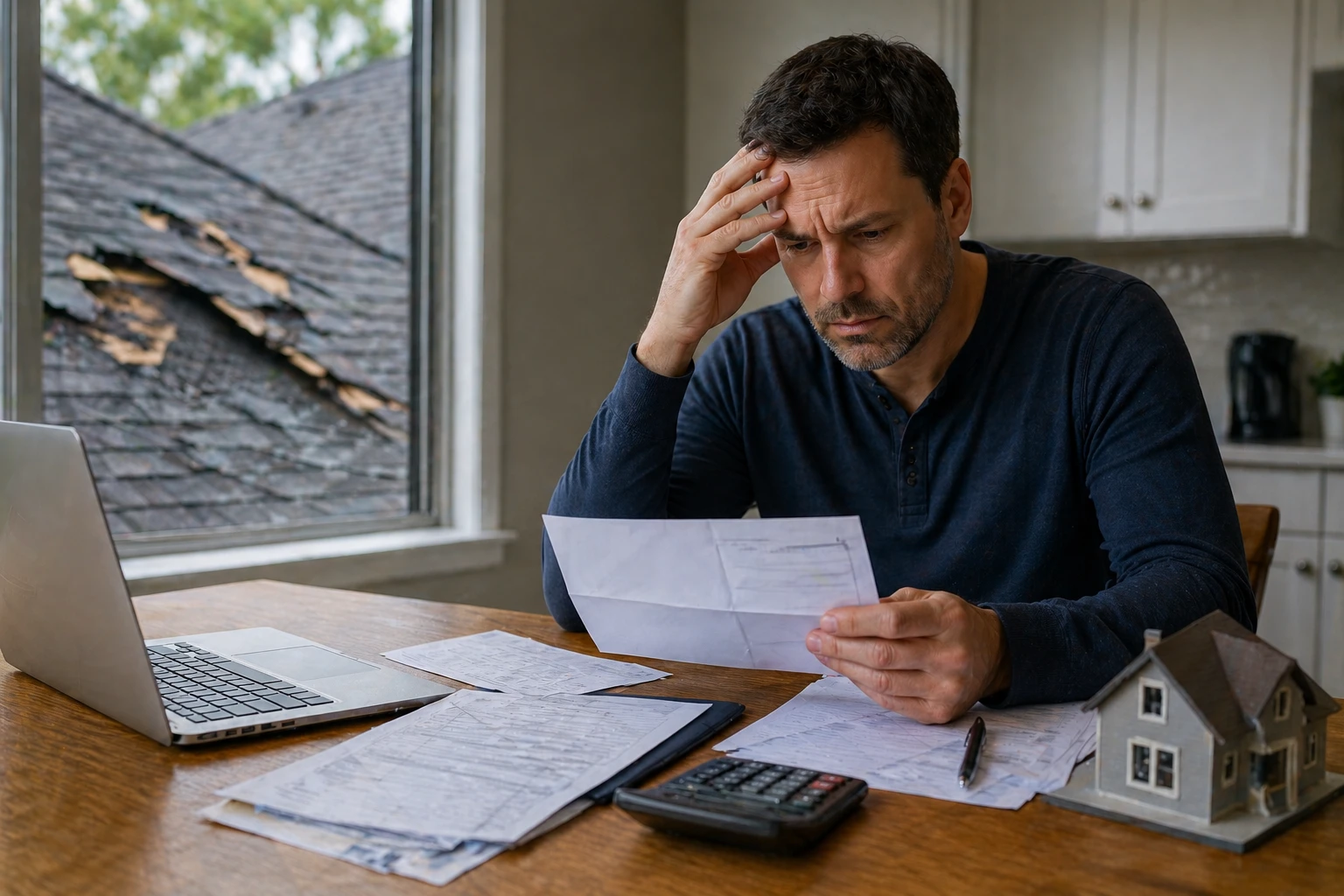 Worried homeowner reading a letter at a desk with a laptop and calculator
