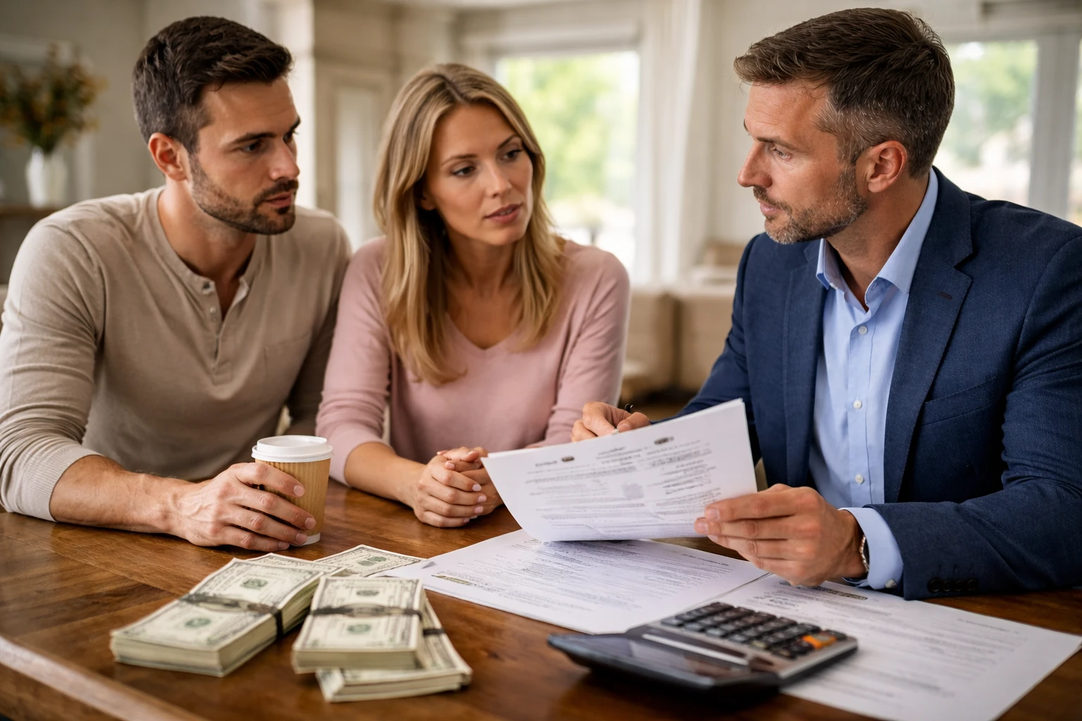 Couple reviewing costs with a professional at a table with a calculator