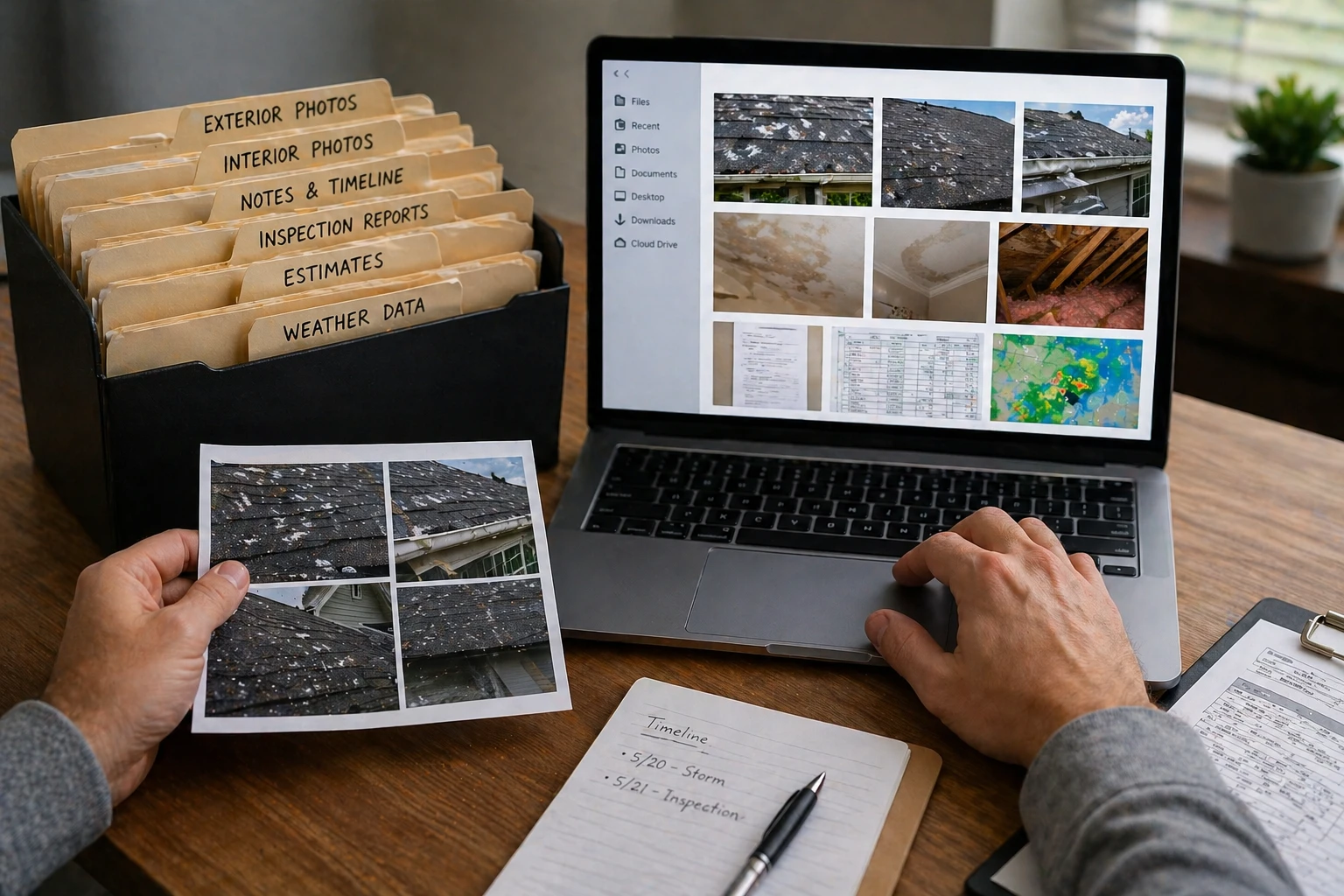 Labeled claim folders for photos, receipts, estimates, and weather data next to a laptop
