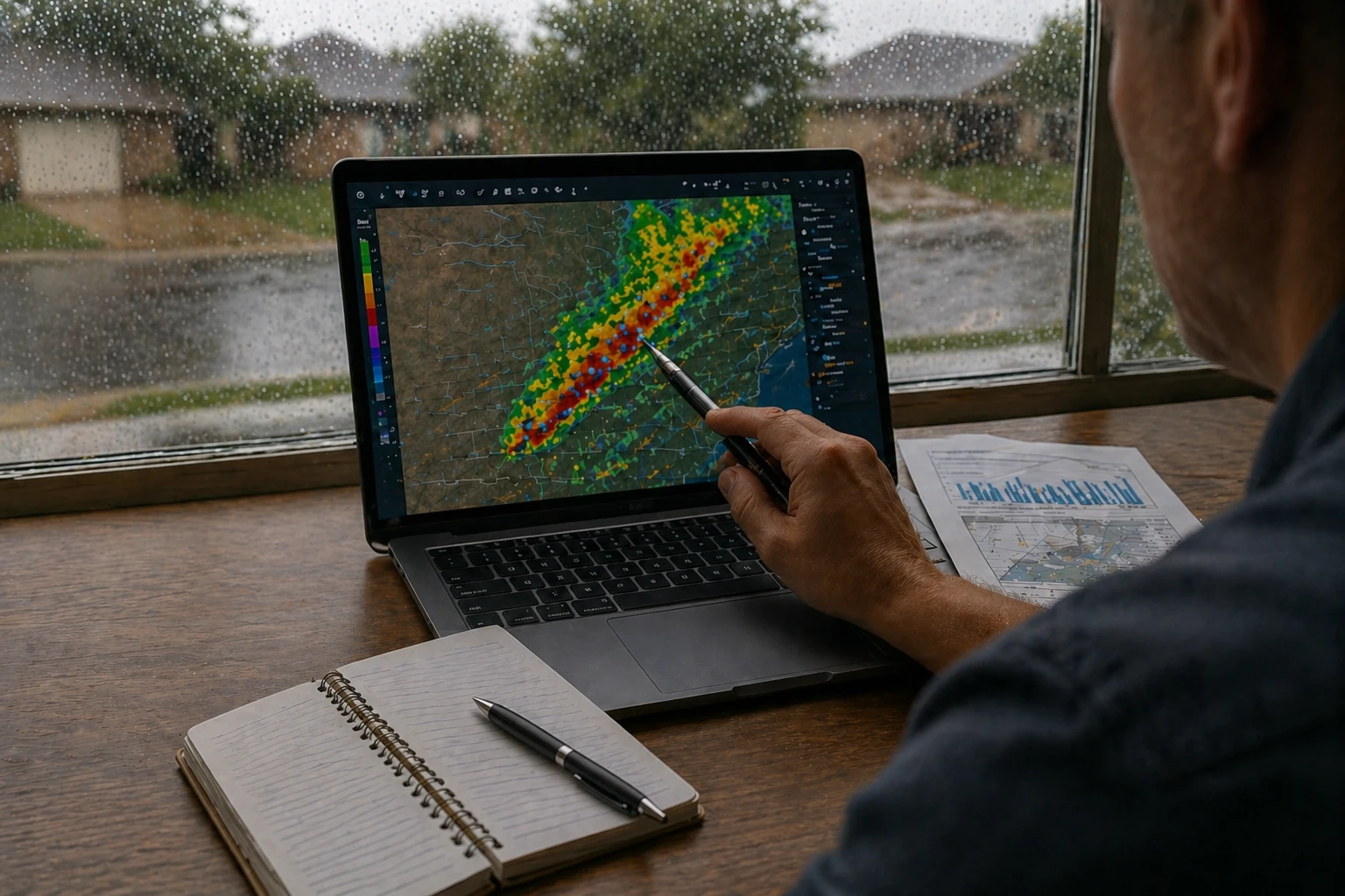 Person reviewing a weather radar map on a laptop during a storm