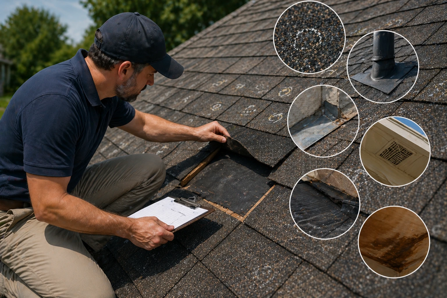 Inspector on a roof examining damage, with close-up insets of granule loss and flashing