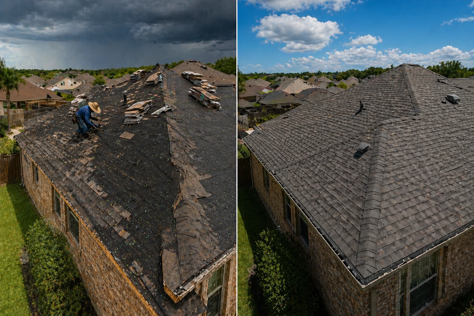 Storm-damaged roof with workers and a neighborhood of roofs under dark skies