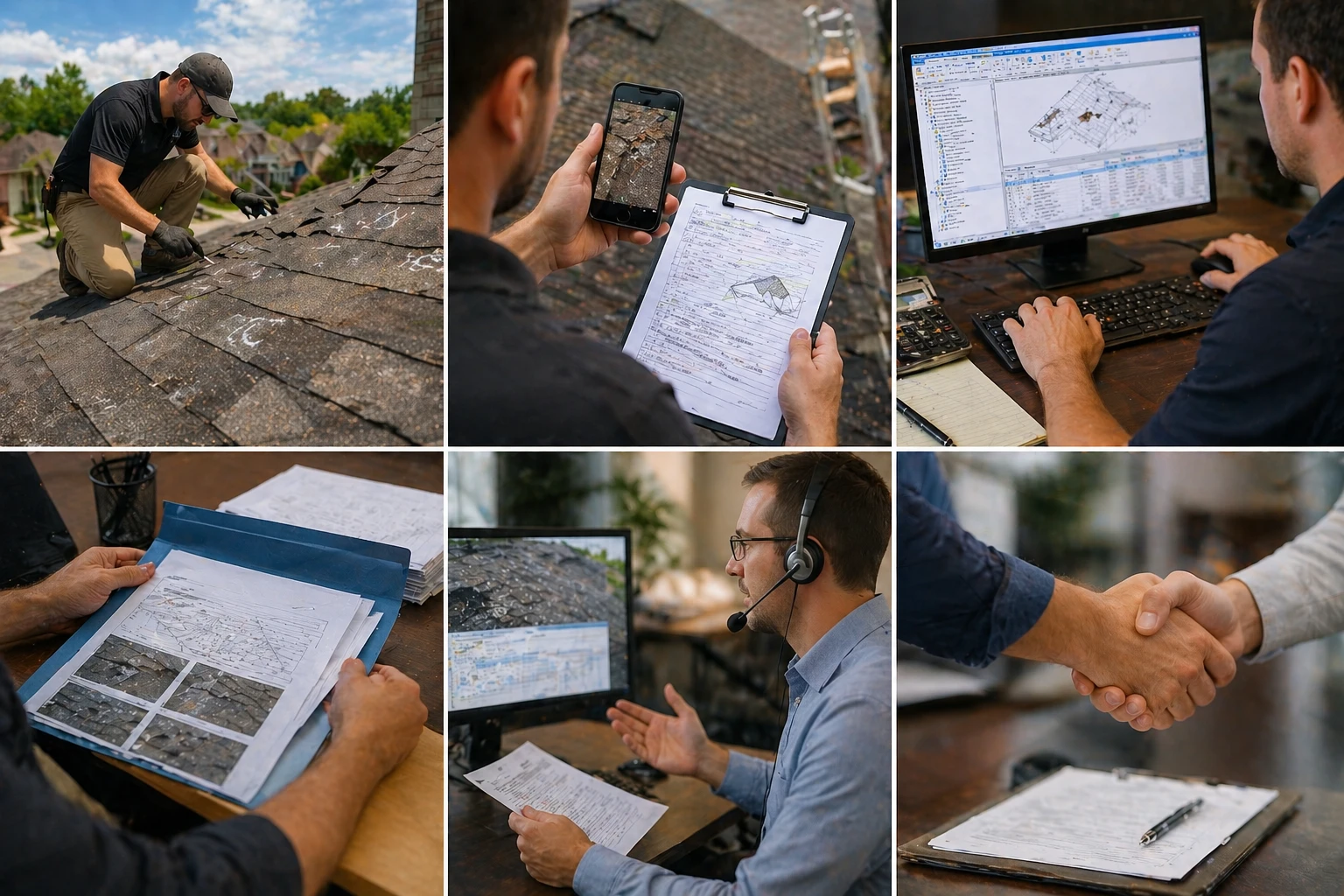 Collage of a roof inspection, phone photos of damage, estimate software, and a handshake