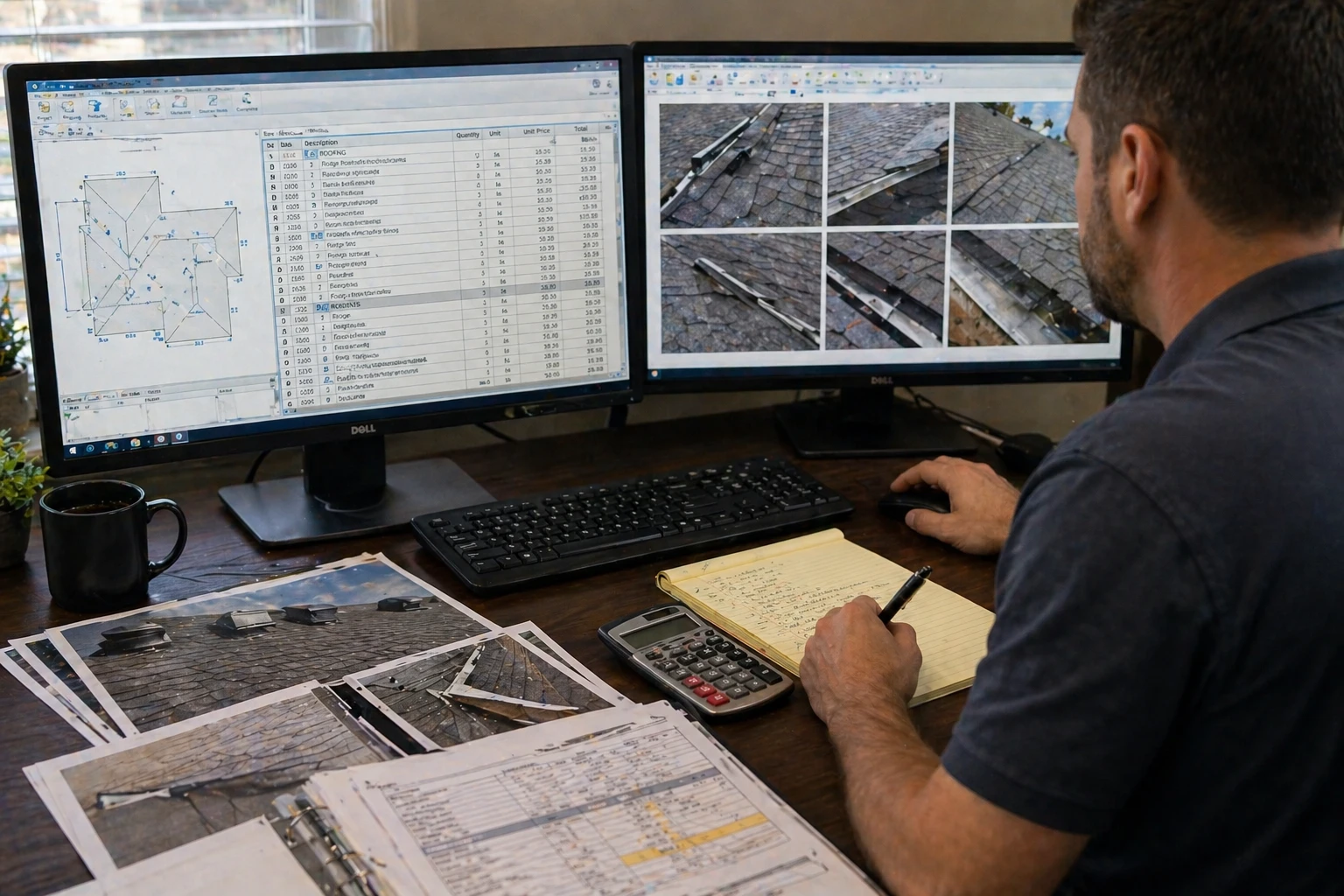 Adjuster at a desk with two monitors reviewing a repair estimate and roof photos